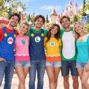 Op de afbeelding: Een collectie van zes t-shirts met op personages geïnspireerde ontwerpen: een rood en blauw Mario-shirt, een roze Peach-shirt, een groen en blauw Luigi-shirt, een geel Daisy-shirt, een groen en wit Yoshi-shirt en een blauw en perzikkleurig Rosalina-shirt.