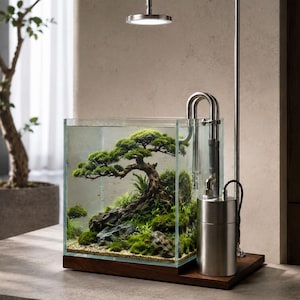 May include: A square glass aquarium tank sits on a dark wooden base, containing a miniature bonsai tree, moss, and rocks. A tall stainless steel stand holds a circular LED light above the tank, with a cylindrical metal filter system attached.