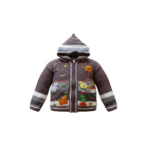 Op de afbeelding: Een bruin gebreid vest met capuchon en ritssluiting, voorzien van een landschapsontwerp met geborduurde motieven zoals een gele zon, een wit schaap, een gele eend, een groene cactus en een klein oranje dier, met grijs-witte gestreepte boorden.