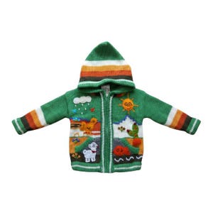 Peut inclure: Un gilet vert à capuche zippé avec des rayures horizontales orange, jaunes et blanches sur la capuche et les manches. Le devant présente des appliqués en tricot colorés représentant un soleil, des nuages, un oiseau, un cactus et un animal blanc.