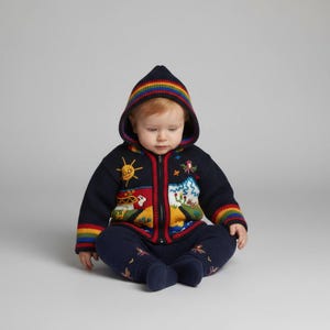 Op de afbeelding: Een donkerblauwe gebreide set bestaande uit een vest met capuchon en rits en een bijpassende broek. Het vest is voorzien van een kleurrijk geborduurd landschap met een zon, bergen en planten, en heeft regenboogkleurige strepen op de boorden.