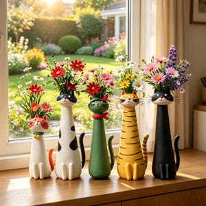 Pode incluir: Um conjunto de cinco vasos em forma de gato em várias cores e padrões, incluindo designs em branco, preto, verde e listrado de amarelo. Cada vaso contém um arranjo colorido de margaridas e flores silvestres artificiais sobre uma superfície de madeira.