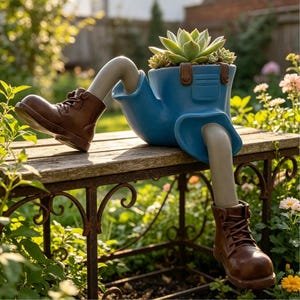 Puede incluir: Una maceta azul con forma de pantalón y botas marrones con cordones en los pies. La maceta contiene una planta suculenta que crece desde la cintura. El diseño incluye correas marrones en la parte superior y un bolsillo en la tela azul.