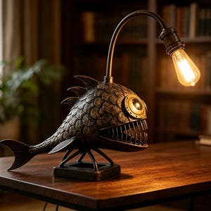 May include: A dark bronze-colored table lamp shaped like an anglerfish with a textured scale pattern, a large circular eye, and sharp teeth. A curved metal arm extends from the top of the fish, holding a single glowing Edison-style light bulb.