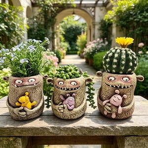 May include: Three textured, beige, monster-shaped ceramic planters. The left planter holds blue flowers and a small yellow creature. The center planter holds a trailing green plant and a small purple creature. The right planter holds a cactus with a yellow flower and a small pink creature.