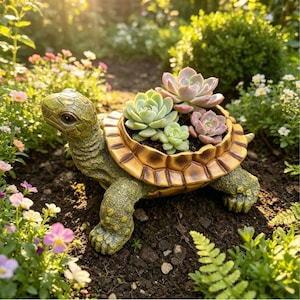 May include: A turtle-shaped planter with a textured green body and a brown, segmented shell. The shell serves as a container holding three small, light green and pinkish-toned succulent plants nestled in dark soil within the turtle's back.