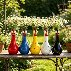 May include: Five ceramic vases shaped like chickens, each featuring a long neck, a red comb, and a beak. The vases are coloured red, blue, yellow, white, and black, all decorated with small polka dots, and each holds a bouquet of white daisies.