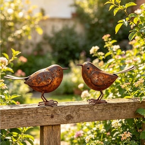 2 rustikale Vogelfiguren aus Metall, Vögel mit verwitterter Rostoptik, Rotkehlchen-Figuren aus Metall, Garten-Bonsai-Dekoration, Landhaus-Ornament