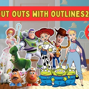 Peut inclure: Une collection numérique de découpes de personnages Toy Story avec contours, incluant Woody, Jessie, Buzz l'Éclair, la Bergère, Rex, Monsieur et Madame Patate et des extraterrestres. L'image contient le texte CUT OUTS WITH OUTLINES20 et PNG.PDF 24X36 IN.