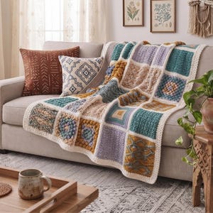 May include: A handmade crochet throw blanket featuring a patchwork design of squares in teal, lavender, mustard yellow, and cream. The blanket displays various textured stitch patterns, including bobbles and cables, finished with a cream border.