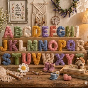 Puede incluir: Una colección de letras del alfabeto tejidas a ganchillo y coloridas dispuestas en estantes de madera. Las letras están hechas en varios colores de hilo pastel y vibrantes. También se incluyen pequeños artículos tejidos como flor, casa, botas y taza.