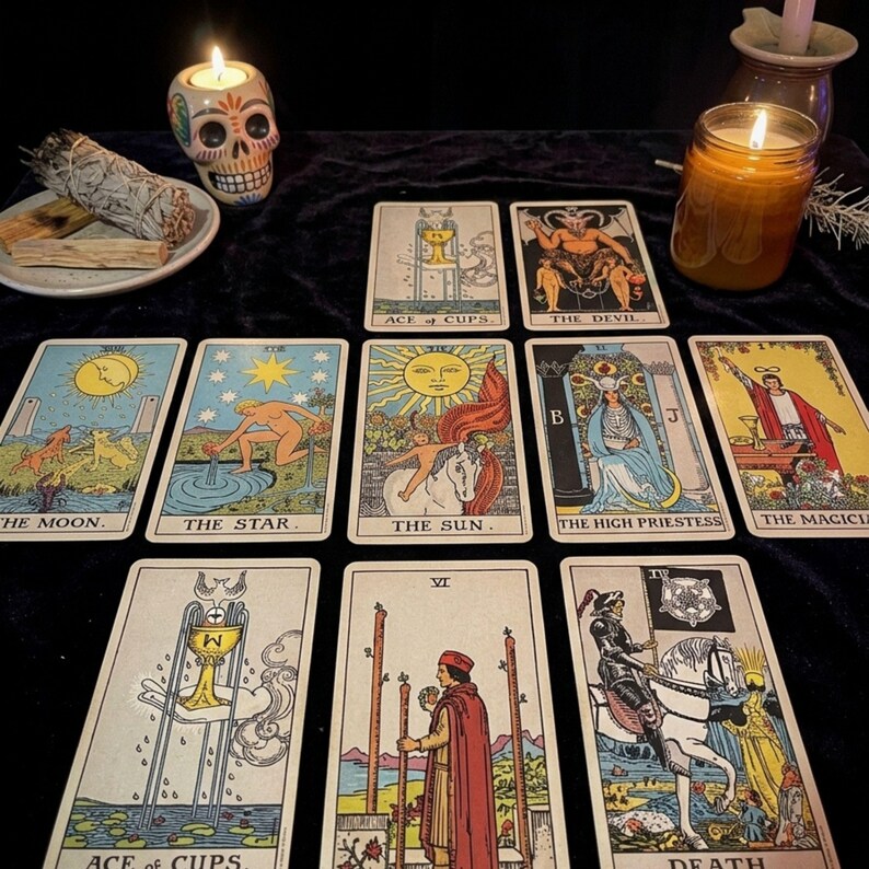 May include: A collection of tarot cards arranged on a dark surface, including The Moon, The Star, The Sun, The High Priestess, The Magician, The Devil, and Ace of Cups. A lit candle in a skull-shaped holder and a jar candle are also visible.