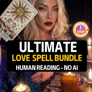 May include: A tarot card featuring a sun illustration labelled XVIII SOLEIL, held by a person with blonde hair and dark lipstick. Text reads ULTIMATE LOVE SPELL BUNDLE HUMAN READING - NO AI and 1 HOUR. Lit candles and tarot cards are visible.