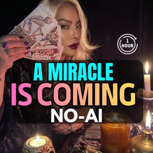 May include: A person holding tarot cards with a skeletal illustration, featuring the text A MIRACLE IS COMING NO-AI and a 1 HOUR icon. The scene includes lit candles in glass jars and a metallic holder, creating a warm glow against a dark background.