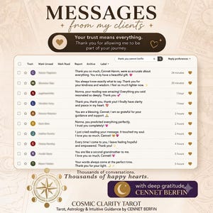 May include: A digital interface displaying a list of client messages titled Messages from my clients. The text includes testimonials expressing gratitude for tarot readings, with a search bar for thank you cennet berlin and a footer for Cosmic Clarity Tarot.