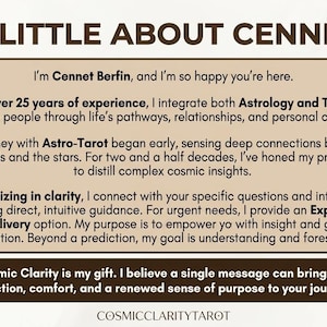 May include: A rectangular informational graphic titled A LITTLE ABOUT CENNET with a beige background and dark brown text. It details the professional experience of Cennet Berfin in astrology and tarot, including an express delivery option.