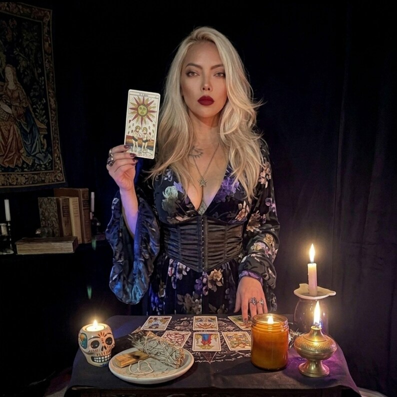 May include: A person with long blonde hair wearing a black floral velvet dress with a corset-style bodice, holding a tarot card depicting a sun and two figures. On the table are several tarot cards, a skull-shaped candle, and lit candles.