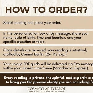 May include: An instructional graphic titled HOW TO ORDER? with four numbered steps for a tarot reading service. It includes icons for a shopping cart, envelope, crystal ball, and notebook, plus a final note about private readings by Cennet Berfin.
