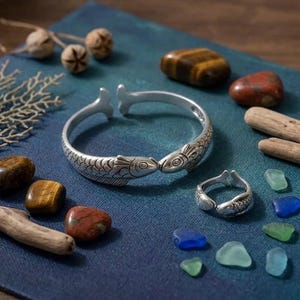 May include: A silver-toned open cuff bracelet and a matching open ring, both featuring a detailed fish design where the heads meet at the center. The metal surfaces are textured with scales, and the ends of the bracelet are shaped like fish tails.