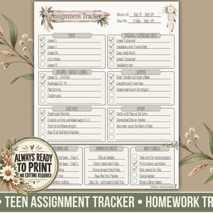 Boho Teen Assignment Tracker | Printable Homeschool & Student Planner | Homework Organizer