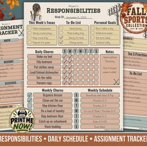May include: Three printable planner sheets featuring a responsibilities chart, assignment tracker, and schedule. The pages include sections for daily chores, to-do lists, personal goals, and weekly schedules with a sports theme and autumn leaf accents.