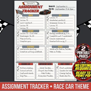 Race Car Assignment Tracker for Boys | Printable Planner