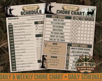May include: Two printed sheets featuring a tan background with forest-themed graphics. One sheet is titled Joshua's Schedule with hourly slots from 6:00 to 9:00. The other is titled Joshua's Chore Chart with daily and weekly chore checklists.