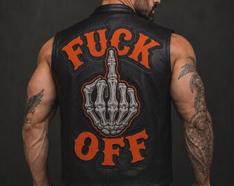 Gilet de motard en cuir humoristique « FUCK OFF » pour homme, avec écusson squelette et doigt d'honneur, style club de motards, cadeau gothique punk