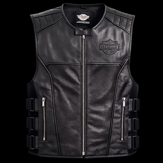 Men’s Black Leather Motorcycle Vest, Genuine Leather Biker Vest, Perforated Leather Riding Vest, Adjustable Side Motorcycle Club Vest