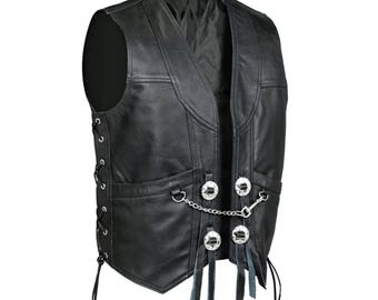 Leren motorvest voor heren | Western cowboy biker vest | Vetersluiting aan de zijkant en concho details | Hoogwaardig leer | Cadeau voor hem