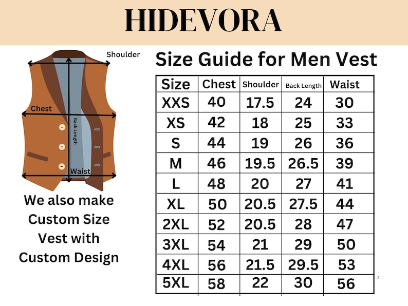 Peut inclure: Un tableau de guide des tailles pour un gilet marron &agrave; trois boutons, pr&eacute;sentant des colonnes pour les mesures de poitrine, d'&eacute;paule, de longueur de dos et de taille en pouces pour les tailles XXS &agrave; 5XL, avec la marque HIDEVORA en haut.