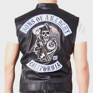 Sons of Anarchy Leather Vest | Black Motorcycle Biker with Reaper Patches | Men's SOA Riding Gear | Personalized Gift