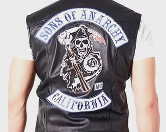 Sons of Anarchy leren vest | Zwart motorvest met Reaper-patches | Heren SOA motorkleding | Gepersonaliseerd cadeau