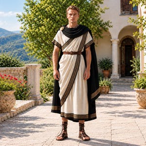 May include: A cream-colored tunic featuring a black and gold Greek key pattern along the hem and neckline, worn with a long black cape, a brown leather belt, and brown lace-up gladiator sandals. The outfit includes a gold circular brooch.