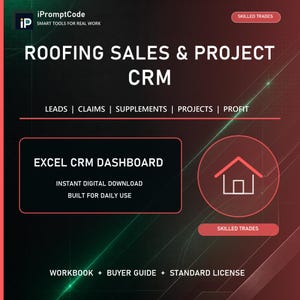 Puede incluir: Un panel de control CRM digital para ventas y proyectos de techado en Excel con un fondo rojo oscuro y negro. El texto incluye Roofing Sales & Project CRM, Leads, Claims, Supplements, Projects, Profit, Excel CRM Dashboard, Instant Digital Download, Built for Daily Use, Workbook, Buyer Guide, Standard License y Skilled Trades.