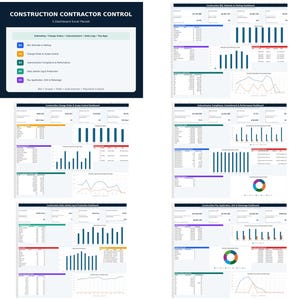 Puede incluir: Un paquete digital de Excel para el control de contratistas de construcción que incluye cinco paneles distintos para estimaciones, órdenes de cambio, cumplimiento de subcontratistas, registros diarios y pagos, con gráficos y tablas.