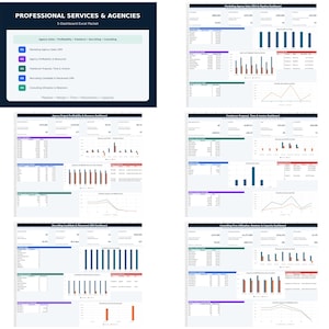 Puede incluir: Un paquete digital de Excel titulado Professional Services & Agencies que contiene cinco paneles distintos para ventas de marketing, rentabilidad de agencias, propuestas de freelancers, reclutamiento y utilización de firmas de consultoría.