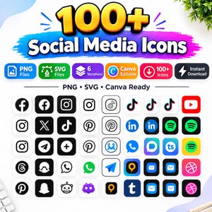 May include: A digital collection of 100+ social media icons featuring various logos for platforms like Facebook, Instagram, TikTok, and YouTube. The icons are presented in multiple styles including black and white, colored, and outlined versions.