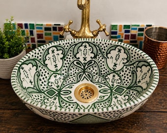 Moroccan Vessel Sink, Handmade Green Arabesque Oval Ceramic Bathroom Basin, Traditional Pottery Sink from Fez