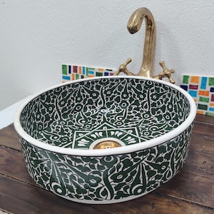 Hand-Painted Green Moroccan Ceramic Vessel Sink, Round Bathroom Vanity Basin, Fez Crafted