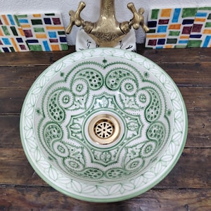 Hand-Painted Green Moroccan Ceramic Vessel Sink, Round Bathroom Basin, Fez Craftsmanship