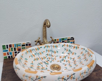 Lavabo ovalado marroquí, lavabo de cerámica botánica hecho a mano para baño, lavabo de tocador floral pintado a mano, lavabo de encimera de lujo de Fez.