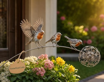 3 Robin Garden Stake with Dandelion Metal Bird Yard Art Weatherproof Outdoor Decor Gift