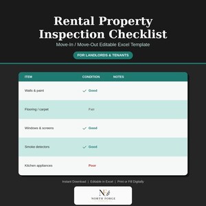 May include: A digital Rental Property Inspection Checklist template with a dark background. The table includes columns for Item, Condition, and Notes, listing items like walls, flooring, windows, smoke detectors, and kitchen appliances with status labels.