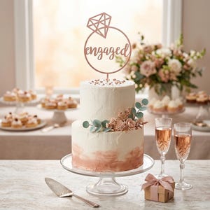 May include: A two-tiered white cake with a rose gold ombre base, topped with a rose gold cake topper featuring a diamond ring shape and the word engaged in cursive script. The cake is decorated with small dried flowers and green eucalyptus leaves.