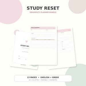 Könnte beinhalten: Ein digitales Universitätsplaner-Set mit dem Titel STUDY RESET, bestehend aus 13 Seiten auf Englisch und Griechisch. Das druckbare Set enthält eine Seite für den Examens-Countdown, Aufgabenlisten und Lern-Tracker in zartem Rosa und Weiß.