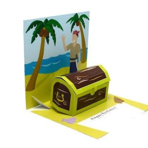 Modelos para o cartão de aniversário 3D do baú do tesouro