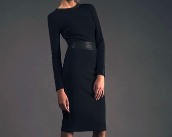 Black cocktail dress evening dress minimalist sexy dress bodycon dress long sleeve dress midi dress gifts for her