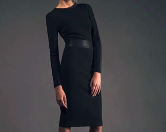 Black cocktail dress evening dress minimalist sexy dress bodycon dress long sleeve dress midi dress gifts for her