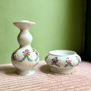 Vintage Wallendorf Porcelain Set | Candlestick & Bowl | Relief Rose Decor, Hand-Painted | Thuringia, GDR, 1960s/1970s, Mid-Century Modern